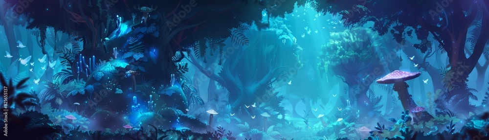 Fototapeta premium Mystery landscape of a jungle with giant, luminescent mushrooms and hovering spiritlike creatures, solid color, kawaii template sharpen with copy space