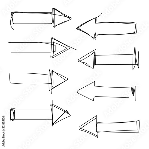 Set of hand drawn scribble arrows. Collection of abstract frames in the form of arrows in doddles style. Design element. Continuous line. Vector. Isolated on white background.