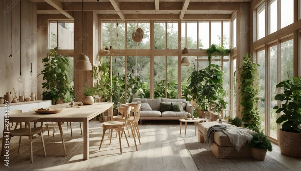 Showcase a sustainable and harmonious design environment, with natural materials, natural light and sustainability elements. biophilic design, natural materials, light colours scandinavian style lots 