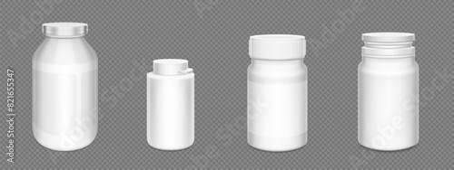 3d white plastic pill bottle. Supplement container package mockup. Medicine jar for capsule, drug, protein or aspirin with empty prescription label template and lid. Pharmaceutical pack mock up