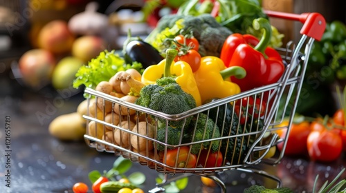 Shopping cart filled with food of various vegetables  fruits  and healthy snacks  emphasizing the concept of mindful eating and sustainability