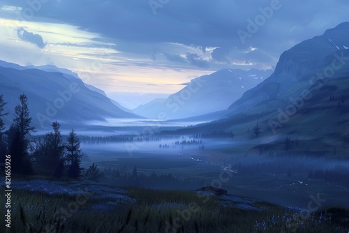 Serene Valley with Mist and Rolling Hills