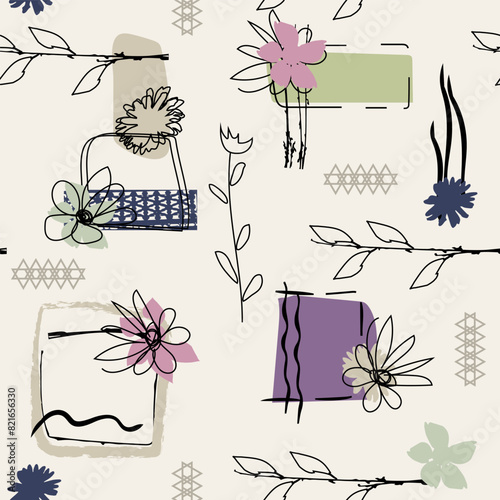 Hand-drawn seamless pattern with floral print, geometric shapes, brush strokes in graffiti style. Vector pattern for printing on fabric, gift wrapping, covers, wallpaper.