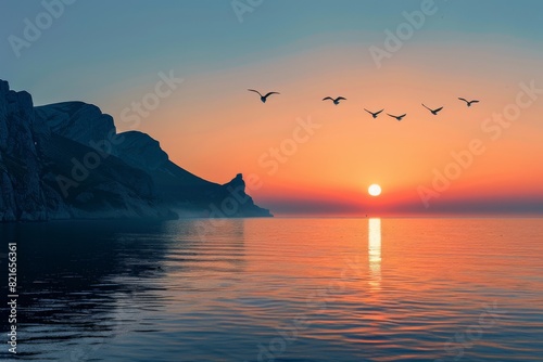 Serene Arctic Sunrise with Birds Over Icy Waters photo