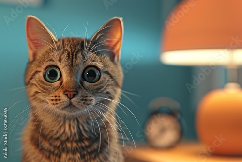 A close-up of a curious tabby cat with wide eyes, sitting indoors near a lamp and a clock, with a blue background.