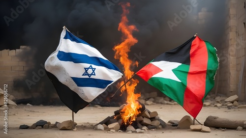 Flags representing Israel and Palestine Punk Rock with a Fire Crack look. Relationship-shattering conflict in the Palestinian Gaza Strip War. The notion of geopolitical warfare crises. Israel and Hama