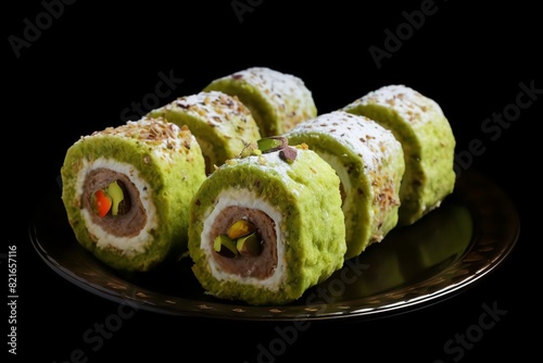 oriental, arabic, sweets, pistachio, mabroma, roll, dessert, delicious, food, cuisine, middle-eastern, treat, pastry, nutty, exotic, flaky photo