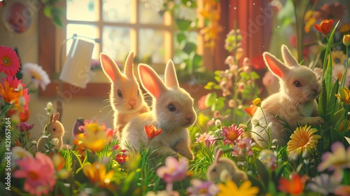 Adorable fluffy bunnies in a vibrant garden surrounded by colorful flowers, bathed in sunlight from a nearby window.
