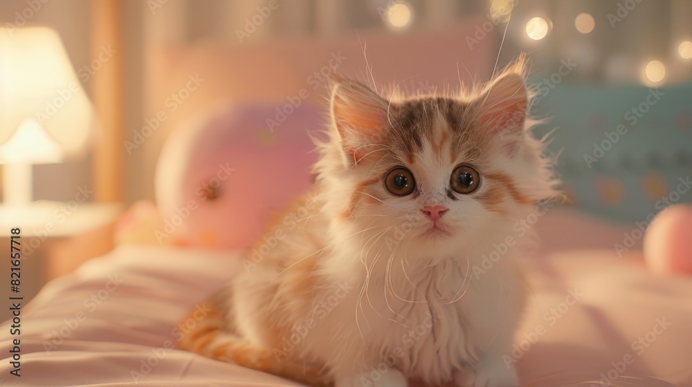 Adorable fluffy kitten sitting on a cozy bed in a softly lit room, creating a warm and inviting atmosphere perfect for pet lovers. Adorable fluffy kitten sitting on a cozy bed in a softly lit room, creating a warm and inviting atmosphere perfect for pet lovers.
