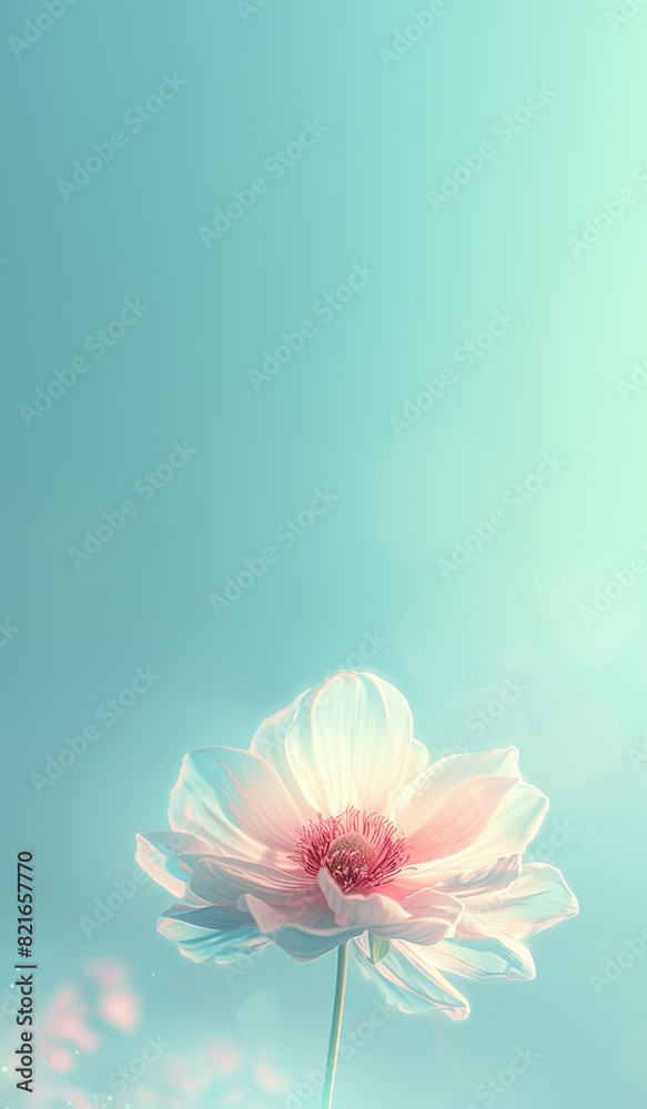 Obraz premium An exquisite flower floats on a dreamy blue backdrop, evoking feelings of summer, vacation, travel, and enjoyment in a serene moment