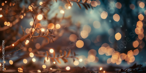 Rainy window with blurred golden holiday lights bokeh, for background, backdrop, poster, content, copy space photo