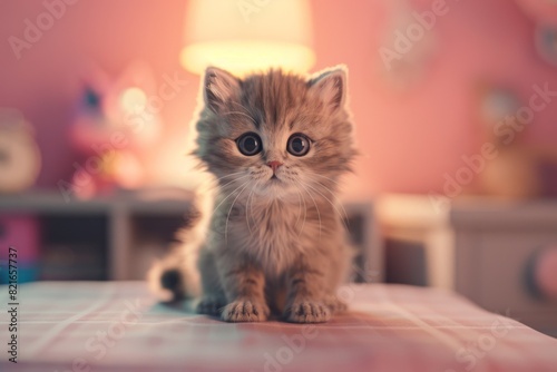 Adorable fluffy kitten sitting on a table with a soft, warm light in the background. Perfect for pet lovers and kitty enthusiasts. photo