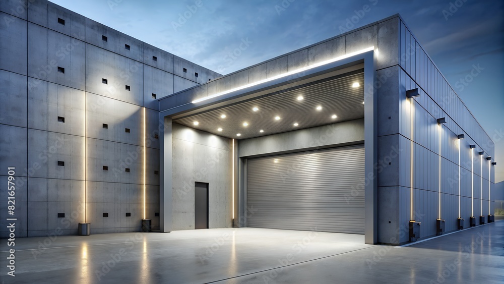 Modern Concrete Garage with LED Lighting and Grey Walls, Industrial Building Exterior