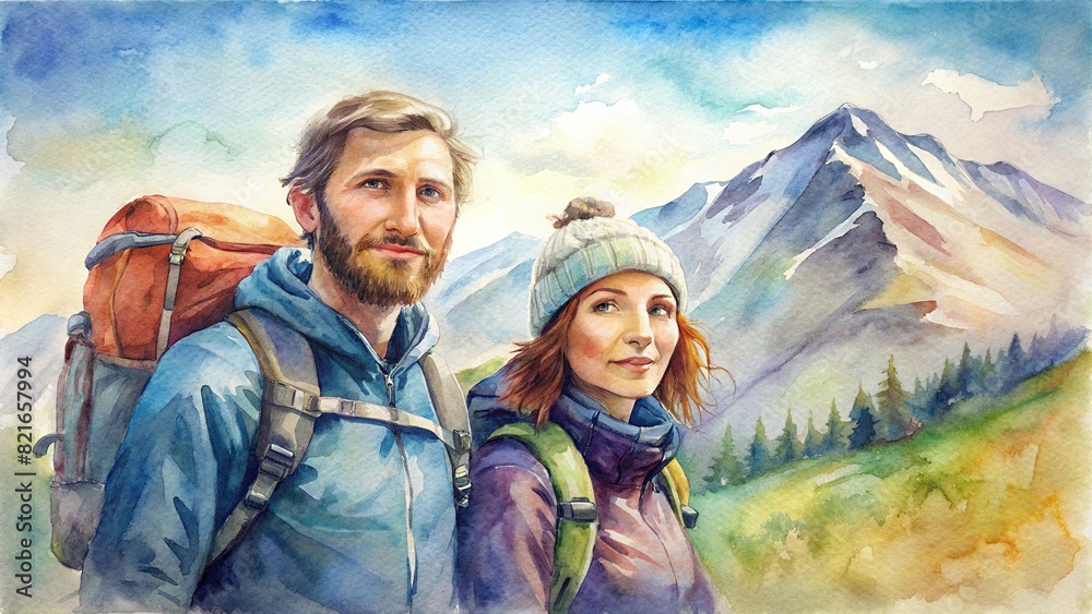 A picturesque portrait of a couple hiking in the mountains, their backpacks and gear depicted with vibrant watercolor tones, showcasing the adventure and beauty of the great outdoors