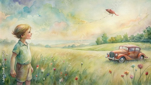 A nostalgic portrait of a child flying a kite in a watercolor meadow, with a vintage car parked nearby photo