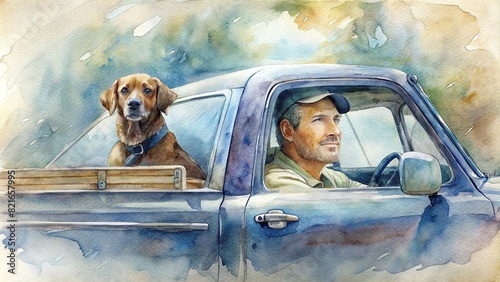 A nostalgic watercolor portrait of a man and his dog in a classic pickup truck, symbolizing companionship and loyalty