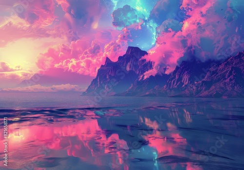 This image portrays a colorful alien vista with neon clouds and a reflective sea, invoking feelings of summer, vacation, travel, and enjoyment
