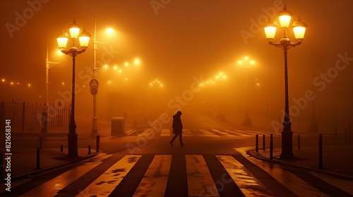 A lone pedestrian crosses under vintage streetlights on a misty night, casting ethereal shadows.