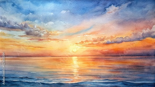 A tranquil seascape painting capturing the beauty of a sunset over the ocean  rendered in soft watercolor tones  conveying a sense of calm and serenity