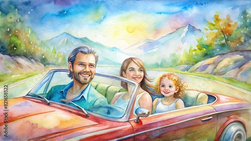 A vibrant watercolor portrait capturing a family enjoying a scenic drive in a convertible car