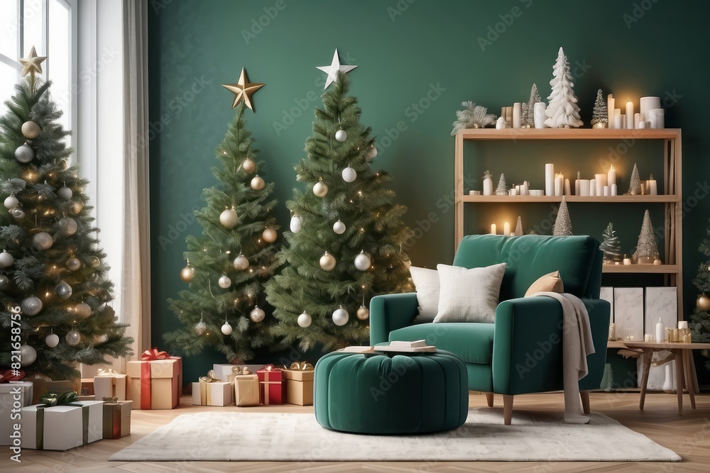 christmas living room interior with shelf, boucle armchair, pouf, mock up poster, christmas tree