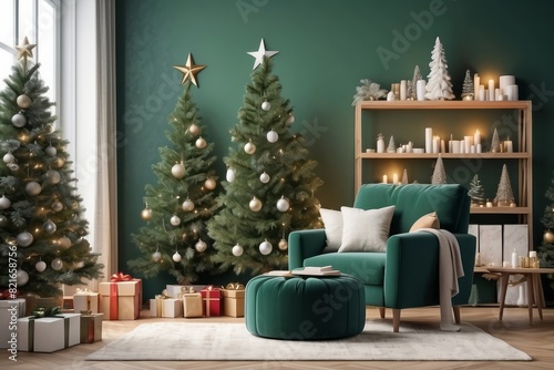 christmas living room interior with shelf  boucle armchair  pouf  mock up poster  christmas tree
