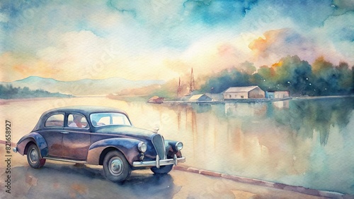 An artistic rendition of a classic car with a serene waterfront backdrop  the vehicle portrayed with intricate watercolor strokes