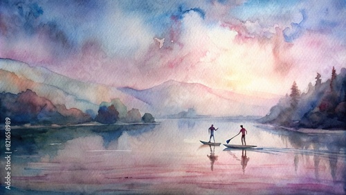An enchanting depiction of a couple paddleboarding on a calm river, portrayed in the dreamy hues of watercolor photo
