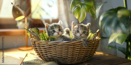 Adorable kittens sitting in a wicker basket on a wooden table, surrounded by green plants and soft warm light streaming through the window.