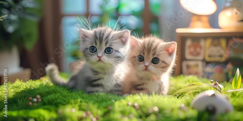 Adorable kittens sitting on green grass inside a cozy room, illuminated by soft, warm light. Perfect for a cute and homey setting.