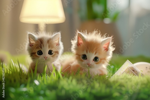 Adorable kittens sitting on green grass, illuminated by a soft lamp. Perfect for cute animal-themed content or pet advertisements.