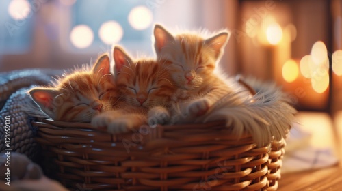 Adorable kittens sleeping together in a cozy basket by candlelight, creating a warm and comforting ambiance in a tranquil setting.