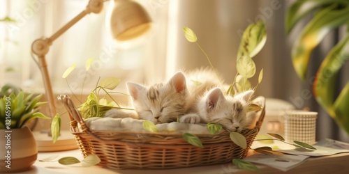 Adorable kittens sleeping in a cozy basket surrounded by green plants in a sunlit room. Perfect for cat lovers and home decor inspiration.