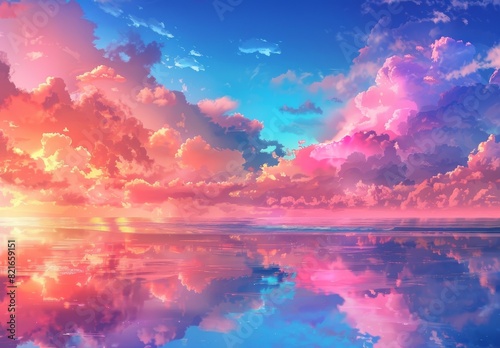 A stunning digital artwork depicting vivid sunset clouds reflected in calm waters, evoking summer, vacation, travel, and enjoyment