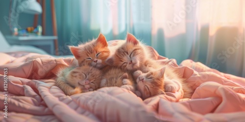 Adorable kittens sleeping together on a cozy pink blanket, basking in the soft morning sunlight coming through the window.