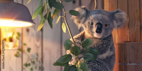 Adorable koala bear sits on a tree branch under a warm light, surrounded by greenery inside a cozy room.
