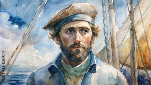 Portrait of a sailor on a sailboat at sea, watercolor photo