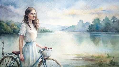 Portrait of a young woman holding a vintage bicycle, standing by a tranquil lake, painted delicately in watercolor photo