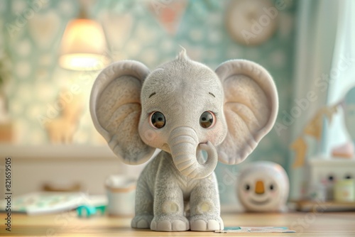 Adorable plush elephant toy in a children's room, perfect for kid's decor and as a cute gift for newborns.