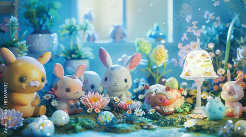 Adorable plush toys in a whimsical garden setting  surrounded by vibrant flowers and soft lighting  creating a magical atmosphere.