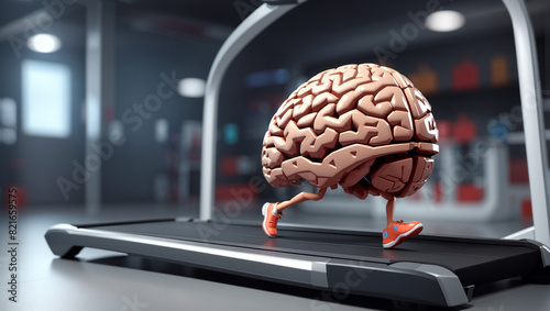 A brain with legs and arms is walking on a treadmill. photo