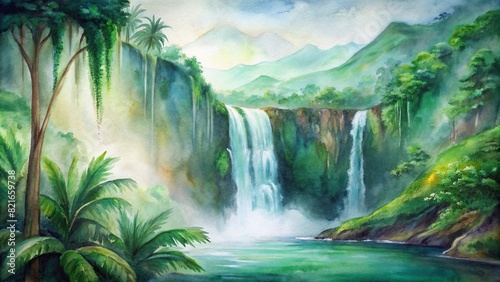 A breathtaking watercolor painting capturing the grandeur of a majestic waterfall amidst a lush, green jungle © Woonsen