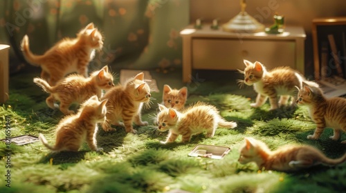 Adorable scene of playful ginger kittens romping on lush grass inside a cozy, sunlit room.
