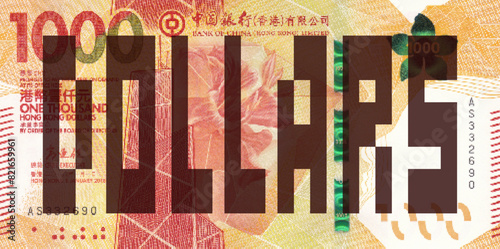 Vector obverse high polygonal pixel mosaic banknote of Hong Kong China. Front side. Denominations of bill 1000 dollars 2018. Game money of flyer.