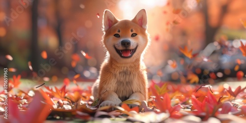 Adorable Shiba Inu puppy joyfully playing in a park during autumn, surrounded by vibrant, colorful fall leaves. photo
