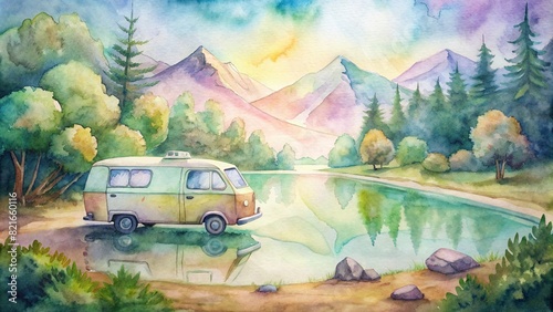 A colorful watercolor illustration of a vintage camper van parked by a crystal-clear lake  with lush greenery in the background