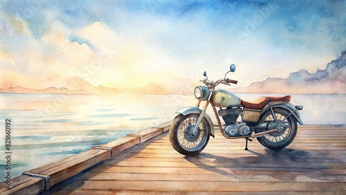 A detailed watercolor illustration of a vintage motorcycle parked on a wooden pier, with the sea stretching out in the background