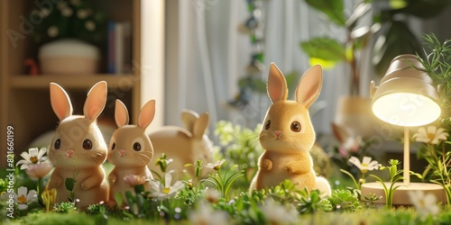 Adorable toy bunnies in a miniature garden with flowers and a lamp, creating a cozy and charming indoor scene. © CHAYA