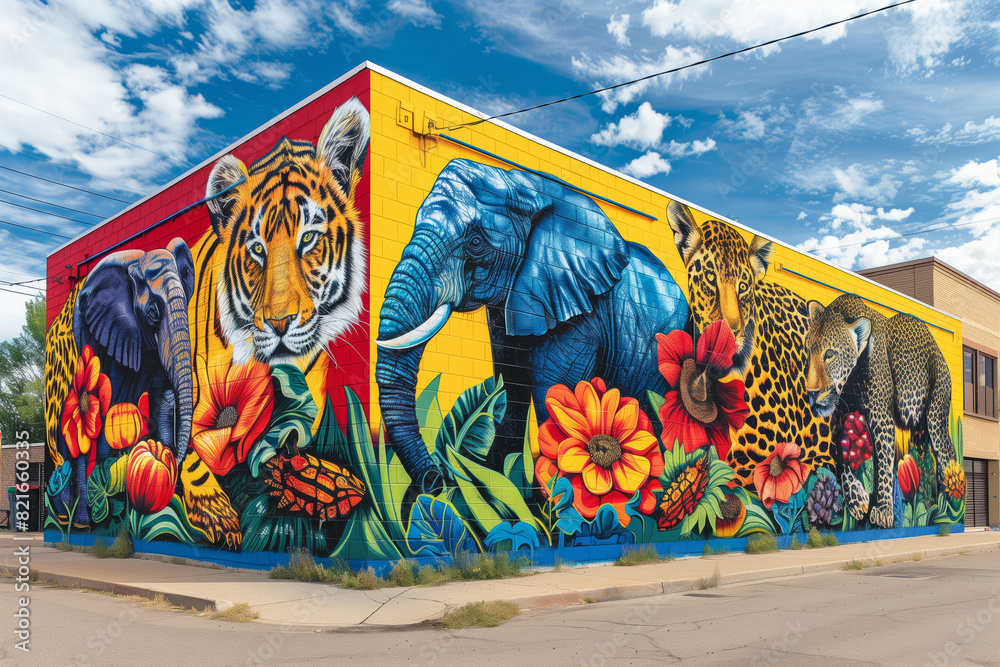 Fototapeta premium Żywy mural uliczny przedstawiający afrykańską przyrodę i kulturę