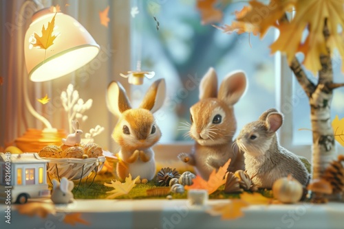 Adorable woodland creatures, including bunnies and a mouse, enjoy a cozy autumn setting with warm lighting and seasonal decorations.